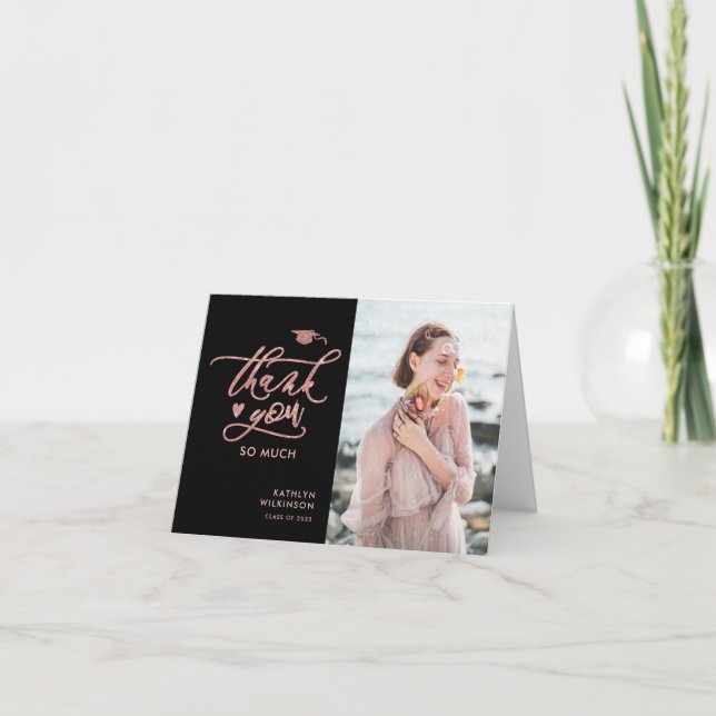 Elegant Rose Gold Glitter Script Photo Graduation Thank You Card (Front)