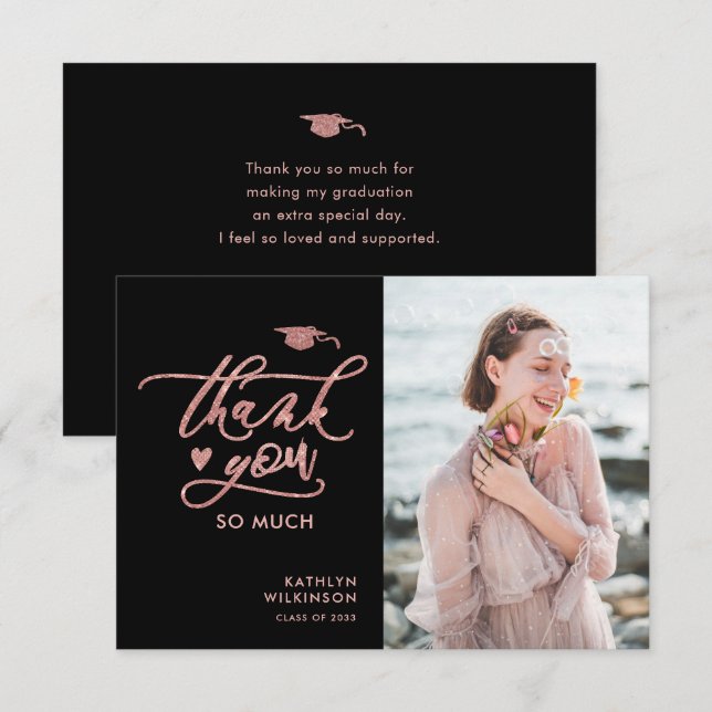 Elegant Rose Gold Glitter Script Photo Graduation Thank You Card (Front/Back)