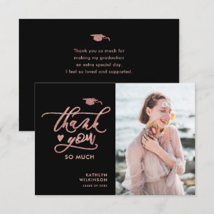 Elegant Rose Gold Glitter Script Photo Graduation Thank You Card