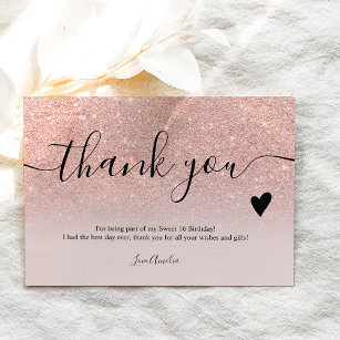 Elegant rose gold glitter script sweet 16 thank you card