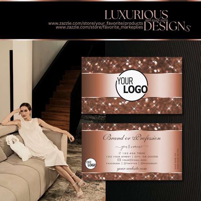 Elegant Rose Gold Glitter Sparkle Stars and Logo Business Card (Creator Uploaded)