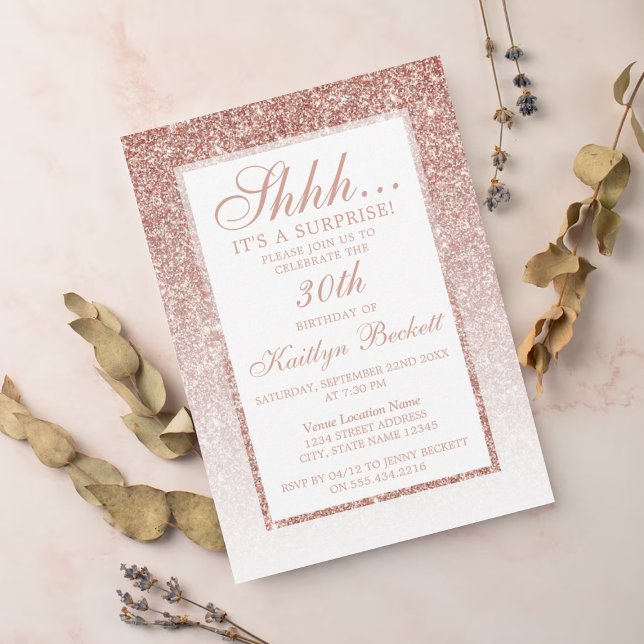 Elegant Rose Gold Glitter Surprise Birthday Party Invitation (Creator Uploaded)