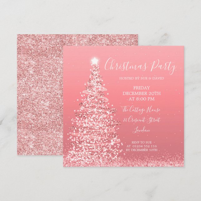 Elegant Rose Gold Glitter Tree Christmas Party Invitation (Front/Back)