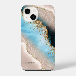 Elegant Rose Gold Glitter Turquoise Marble iPhone 14 Case