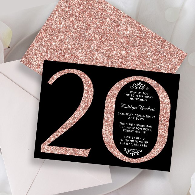 Elegant Rose Gold Glitter Typography 20th Birthday Invitation (Creator Uploaded)