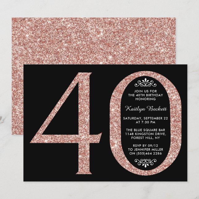 Elegant Rose Gold Glitter Typography 40th Birthday Invitation (Front/Back)