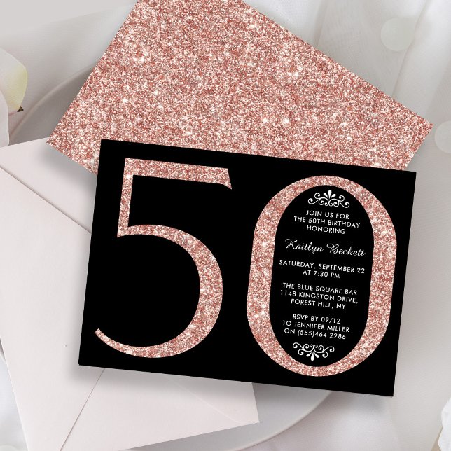 Elegant Rose Gold Glitter Typography 50th Birthday Invitation (Creator Uploaded)