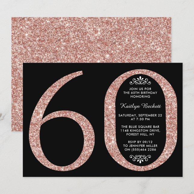 Elegant Rose Gold Glitter Typography 60th Birthday Invitation (Front/Back)