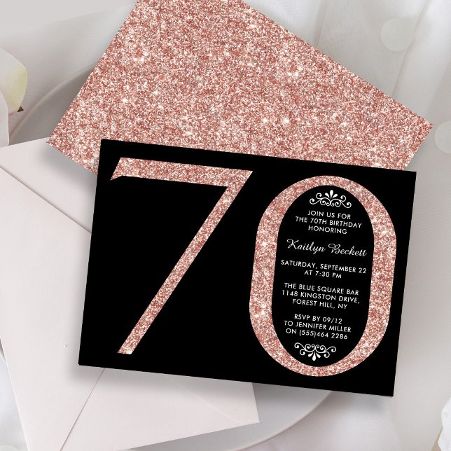 Elegant Rose Gold Glitter Typography 70th Birthday Invitation (Creator Uploaded)