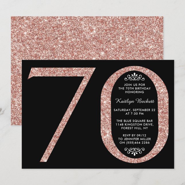 Elegant Rose Gold Glitter Typography 70th Birthday Invitation (Front/Back)