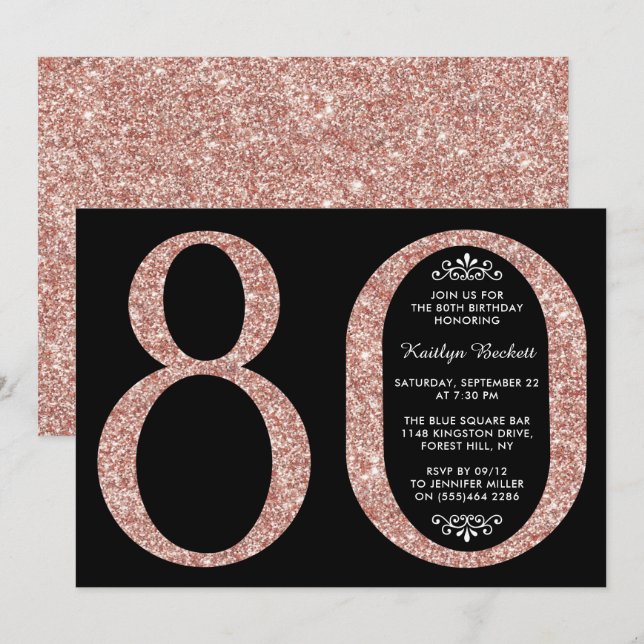 Elegant Rose Gold Glitter Typography 80th Birthday Invitation (Front/Back)