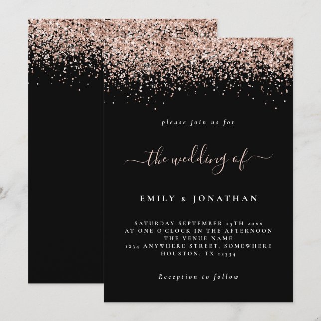Elegant Rose Gold Glitter Wedding Black Invitation (Front/Back)