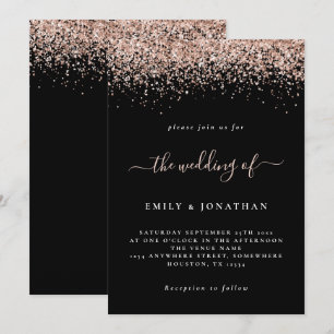 Elegant Rose Gold Glitter Wedding Black Invitation