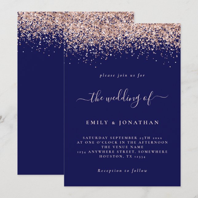 Elegant Rose Gold Glitter Wedding Navy Blue Blush Invitation (Front/Back)
