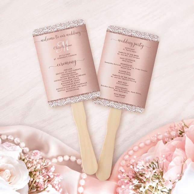 Elegant Rose Gold Glitter Wedding Program Hand Fan (Creator Uploaded)