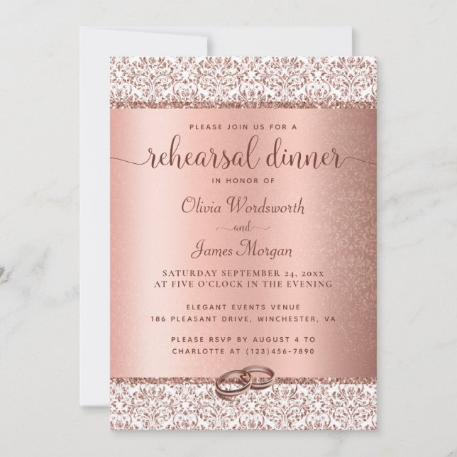 Elegant Rose Gold Glitter Wedding Rehearsal Dinner Invitation (Front)