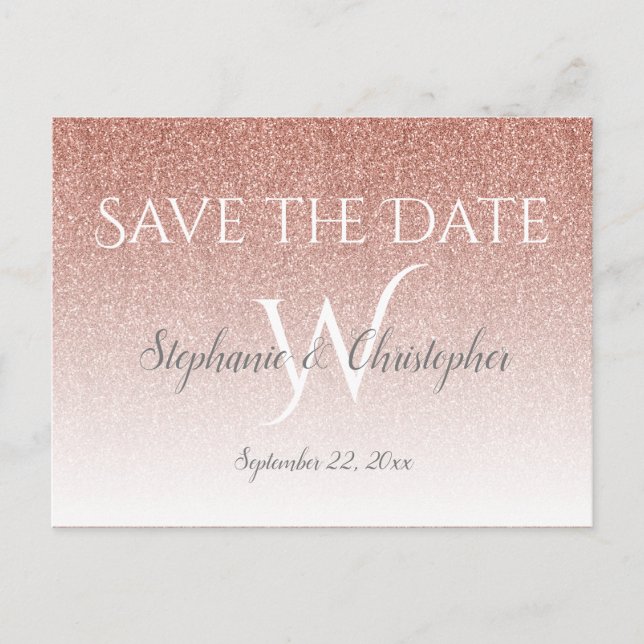 Elegant Rose Gold Glitter Wedding Save the Date Postcard (Front)