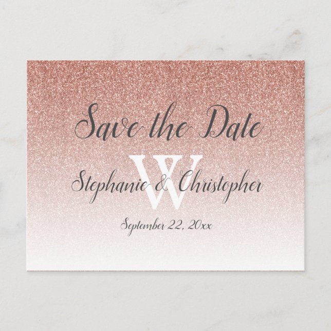 Elegant Rose Gold Glitter Wedding Save the Date Postcard (Front)