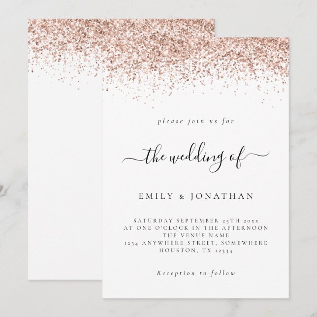 Elegant Rose Gold Glitter Wedding White Invitation (Front/Back)