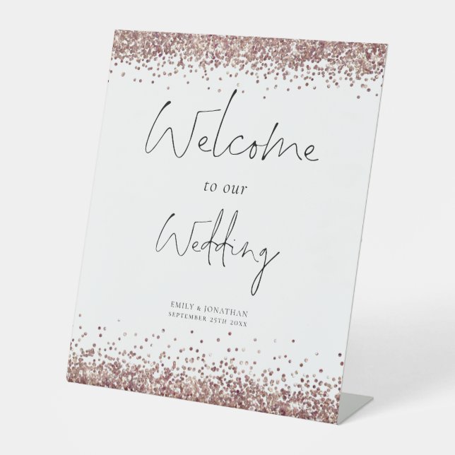 Elegant Rose.Gold Glitter Welcome to Wedding Pedestal Sign (Front)
