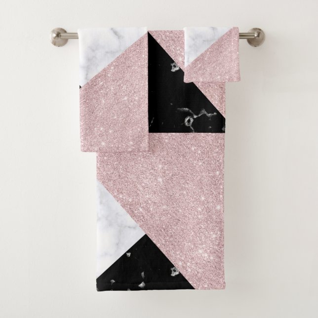 Elegant rose gold glitter white black marble bath towel set (Insitu)