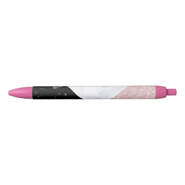 Elegant rose gold glitter white black marble black ink pen (Front)
