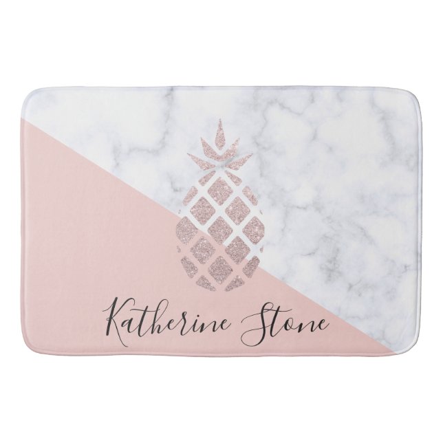 Elegant rose gold glitter white marble blush pink bath mat (Front)