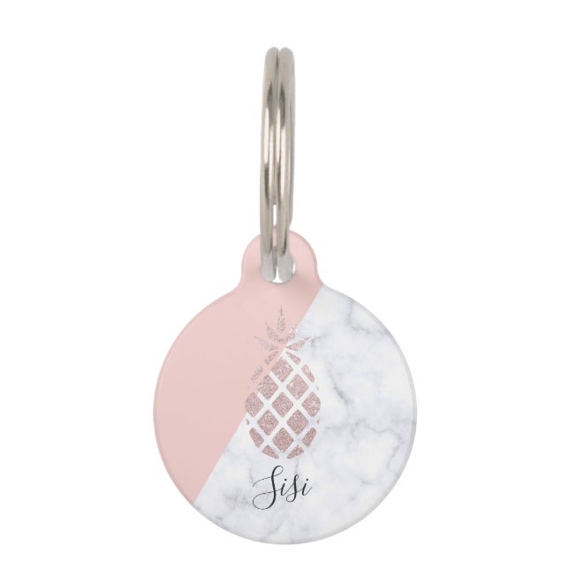Elegant rose gold glitter white marble blush pink pet tag (Front)