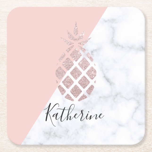 Elegant rose gold glitter white marble blush pink square paper coaster (Front)