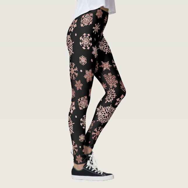 Elegant rose gold glitter xmas snowflakes on black leggings (Right)