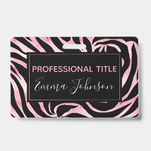 Elegant Rose Gold Glitter Zebra Black Animal Print ID Badge