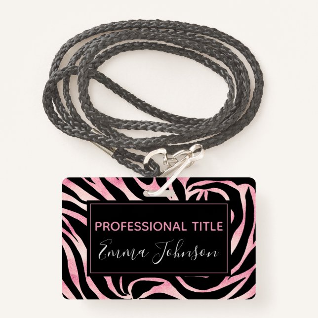 Elegant Rose Gold Glitter Zebra Black Animal Print ID Badge (Front with Lanyard)