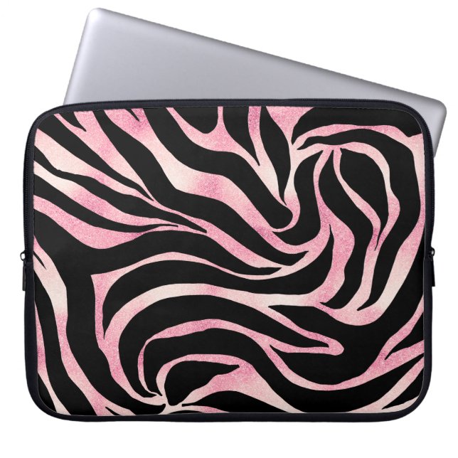Elegant Rose Gold Glitter Zebra Black Animal Print Laptop Sleeve (Front)