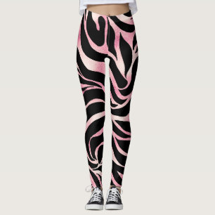 Elegant Rose Gold Glitter Zebra Black Animal Print Leggings