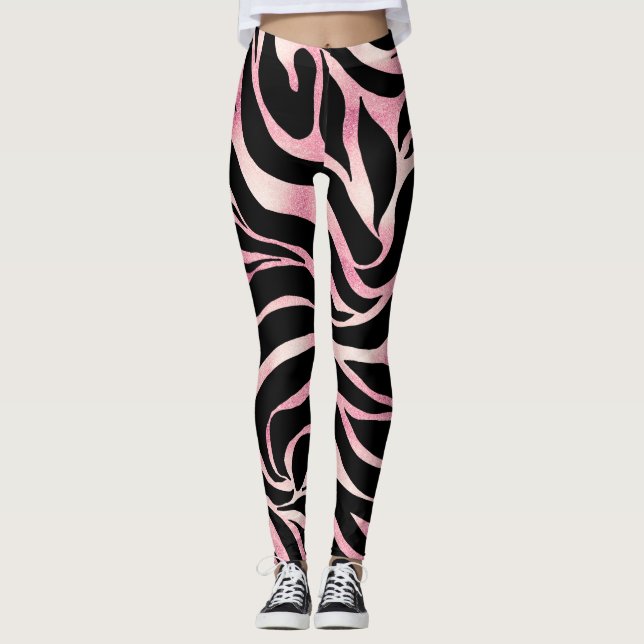 Elegant Rose Gold Glitter Zebra Black Animal Print Leggings (Front)