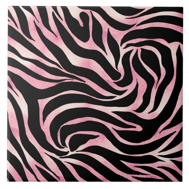 Elegant Rose Gold Glitter Zebra Black Animal Print Tile (Front)