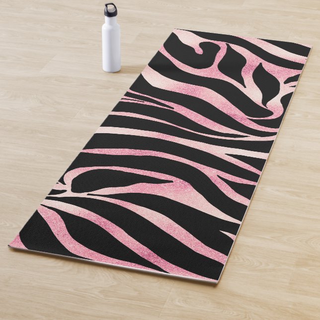 Elegant Rose Gold Glitter Zebra Black Animal Print Yoga Mat (In Situ)