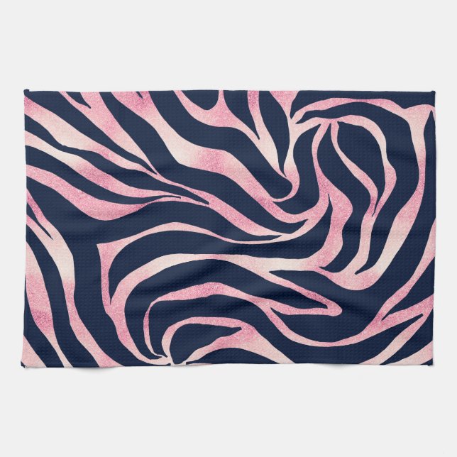 Elegant Rose Gold Glitter Zebra Blue Animal Print Tea Towel (Horizontal)