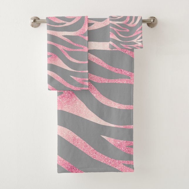 Elegant Rose Gold Glitter Zebra Grey Animal Print Bath Towel Set (Insitu)