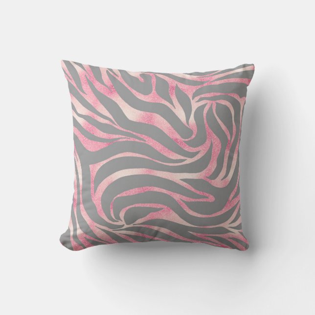 Elegant Rose Gold Glitter Zebra Grey Animal Print Cushion (Front)