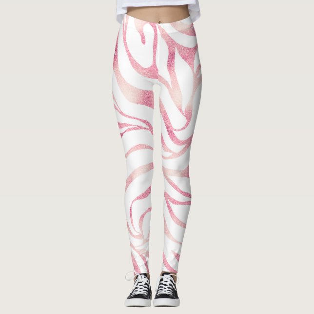 Elegant Rose Gold Glitter Zebra White Animal Print Leggings (Front)