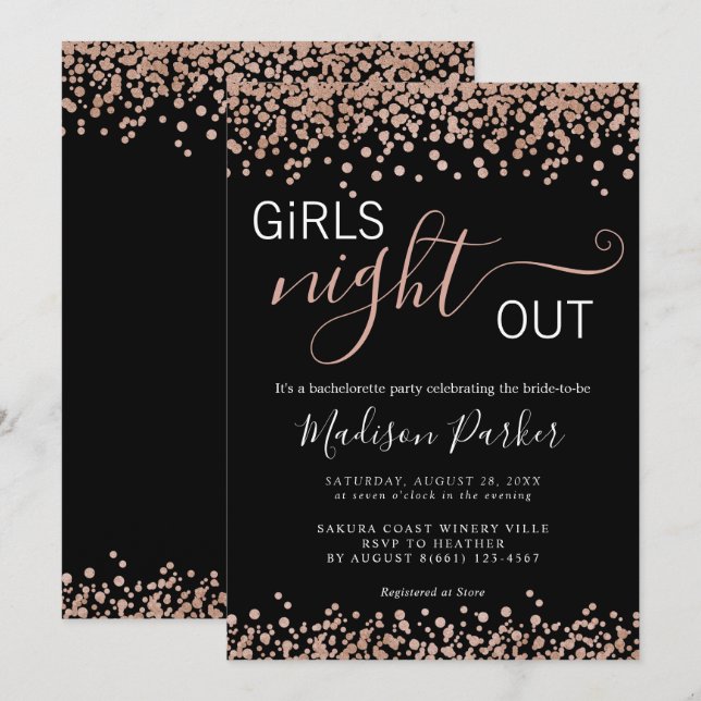 Elegant Rose Gold Glitters Black Bachelorette Invitation (Front/Back)