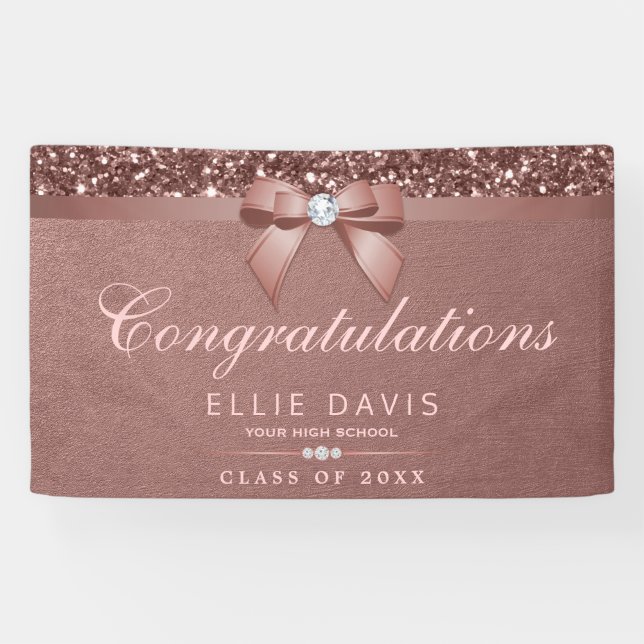 Elegant Rose Gold Graduation Diamonds Bow Glitter Banner (Horizontal)