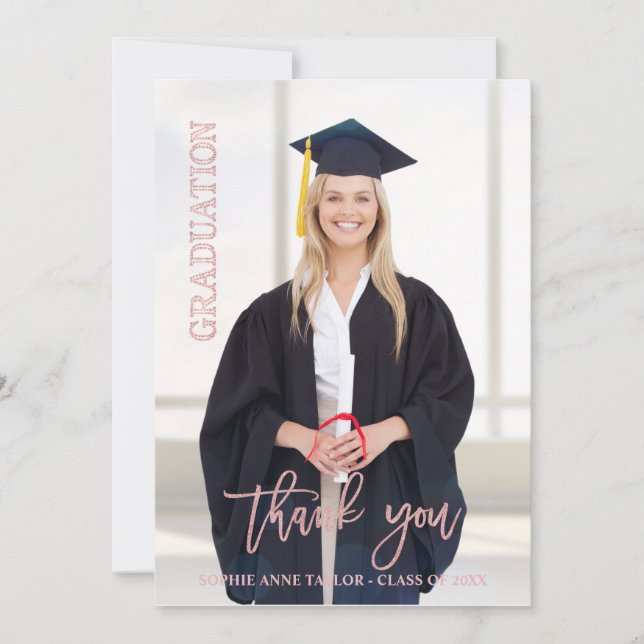 Elegant Rose Gold Graduation Thank You Photo Card (Front)
