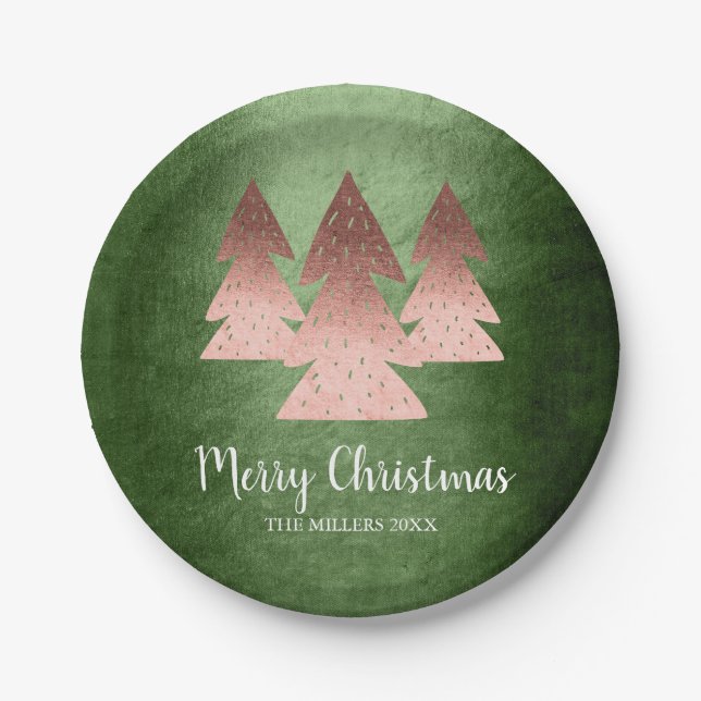 Elegant rose gold & green Merry Christmas tree Paper Plate (Front)