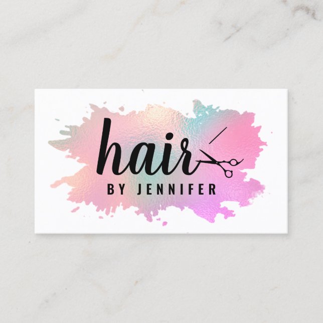Elegant rose gold & green scissors hairstylist business card (Front)