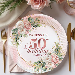 Elegant Rose Gold Greenery 50th Birthday Paper Plate