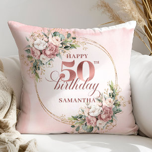 Elegant Rose Gold Greenery 50th Birthday Pillow 