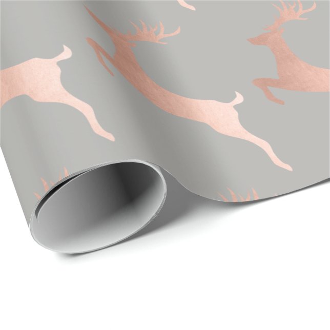 Elegant Rose Gold Grey Christmas Reindeer Pattern Wrapping Paper (Roll Corner)