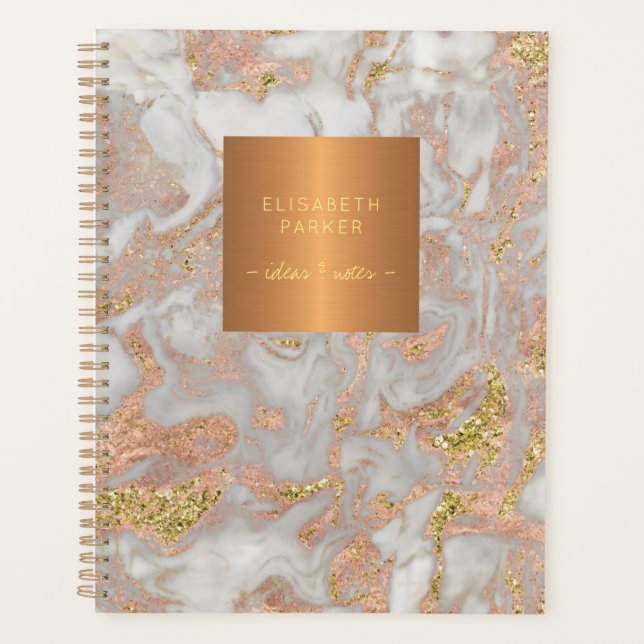Elegant rose gold grey marble metallic copper planner (Front)